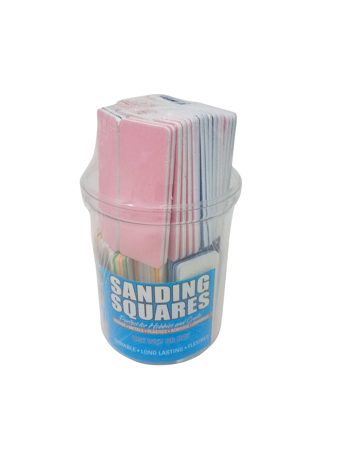 Durasand Sanding Squares, 75 assorted foam-cored squares, grits 80–320, in a reusable bucket